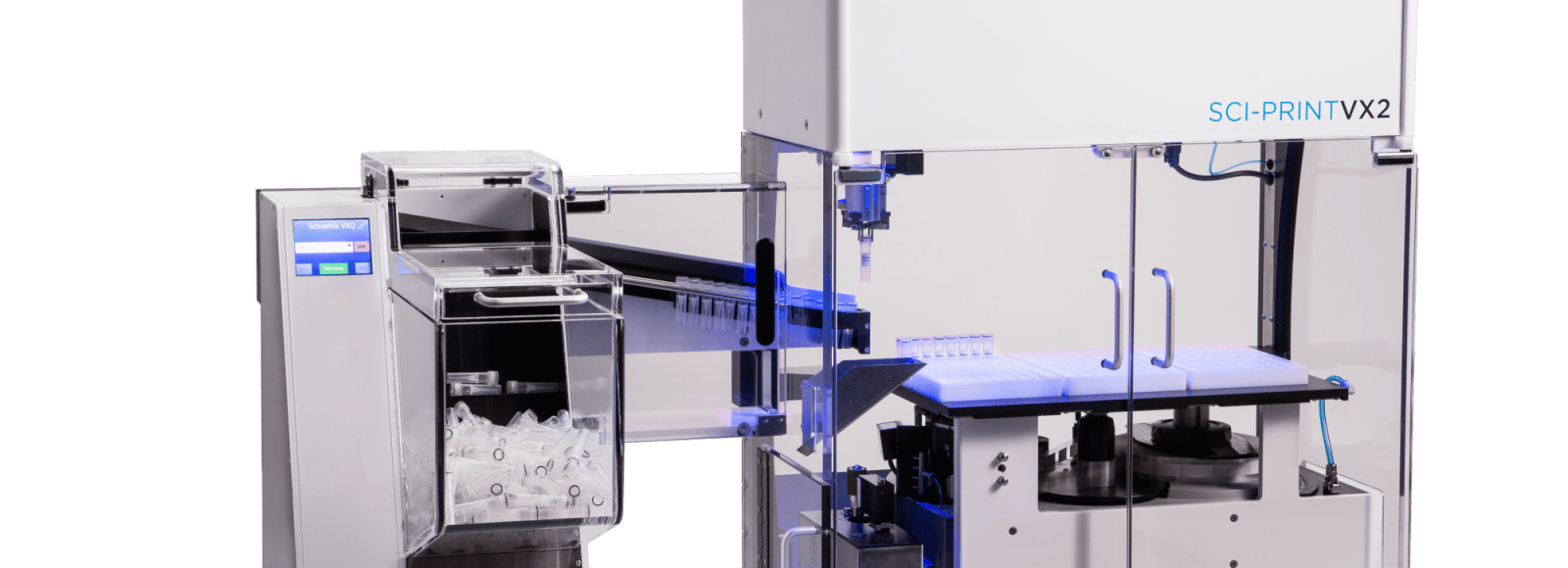 The VXQ bulk tube feeder paired with the Sci-Print VX2 fully automated tube labeler by Scinomix