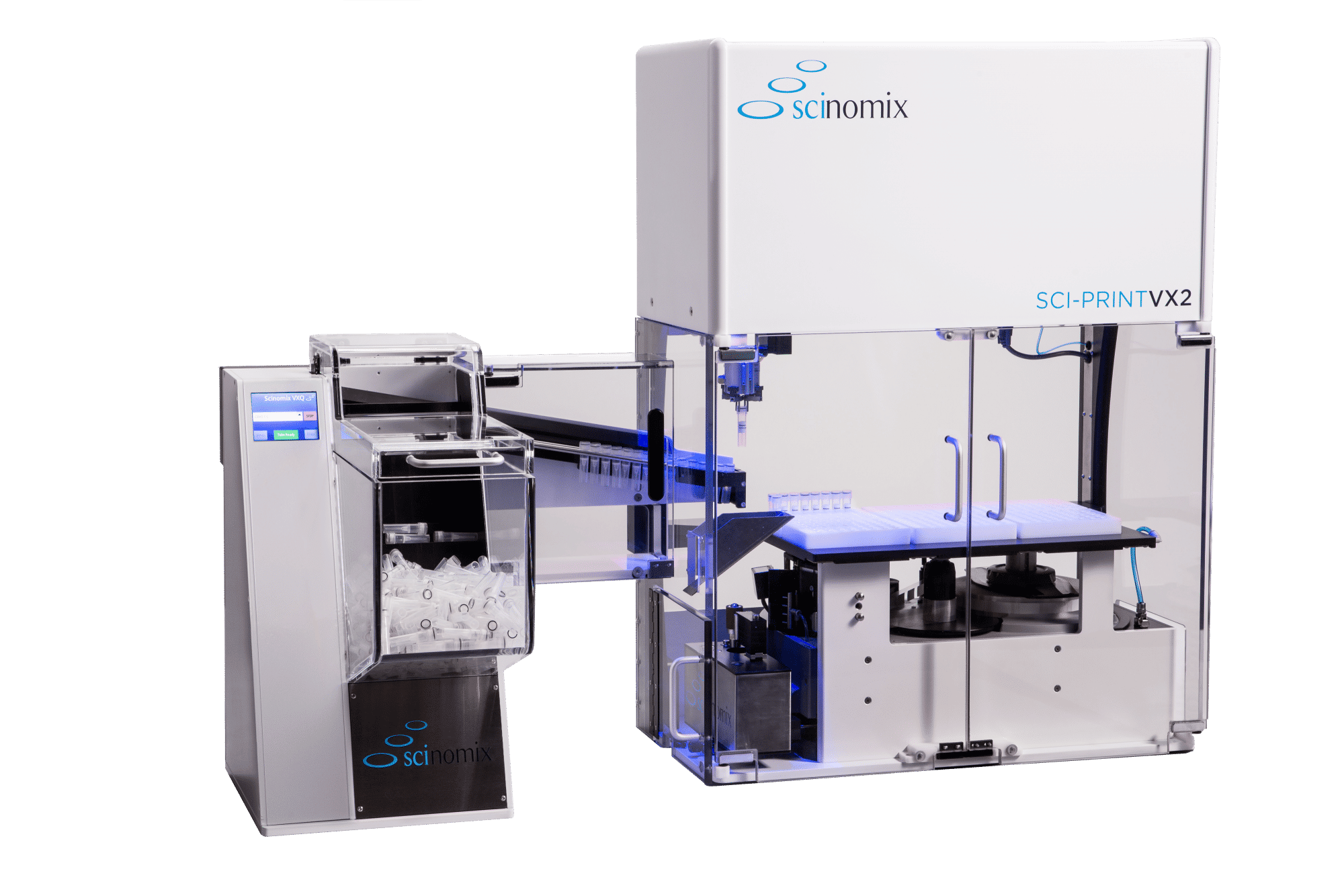 The VXQ bulk tube feeder paired with the Sci-Print VX2 fully automated tube labeler by Scinomix