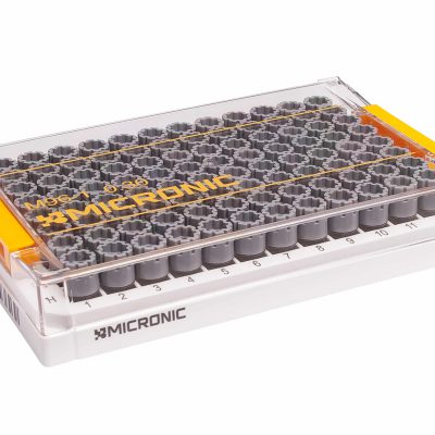 A Micronic 96-1 rack with lid of 0.30ml externally threaded tubes precapped with grey screw caps
