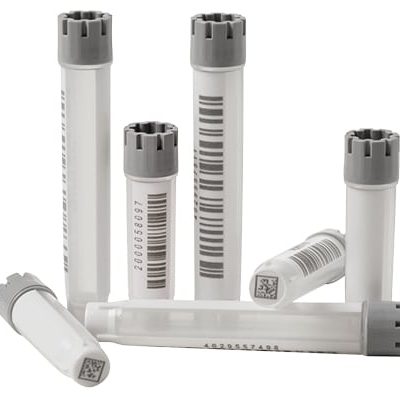 Several 0.75ml and 1.40ml externally threaded hybrid tubes with human readable codes and 1D side barcodes precapped with grey screw caps