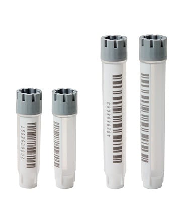 Two 0.75ml externally threaded hybrid tubes and two 1.40ml externally threaded hybrid tubes, all precapped with grey screw caps