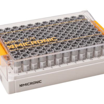 A Micronic 96-2 rack with lid of 0.75ml externally threaded hybrid tubes with human readable codes and 1D side barcodes precapped with grey screw caps