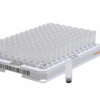 An uncovered rack of 0.75ml uncapped internal thread tubes