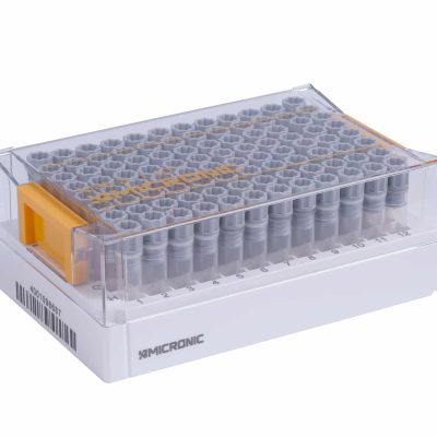 A Micronic 96-3 rack with lid of 1.10ml internally threaded tubes precapped with grey screw caps