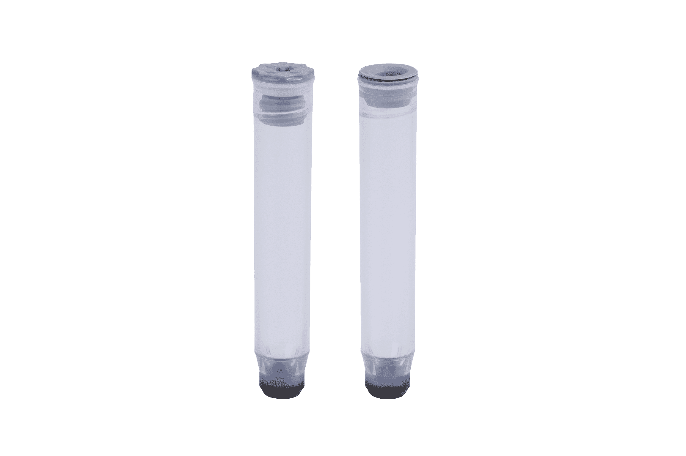 A 1.40ml internal thread tube precapped with a grey low profile screw cap and a 1.40ml internally threaded tube precapped with a grey TPE push cap