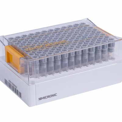 A Micronic 96-1 rack with lid of 1.40ml internally threaded tubes precapped with grey screw caps