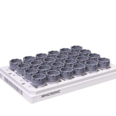An uncovered rack of 1.50ml externally threaded hybrid tubes with grey screw caps