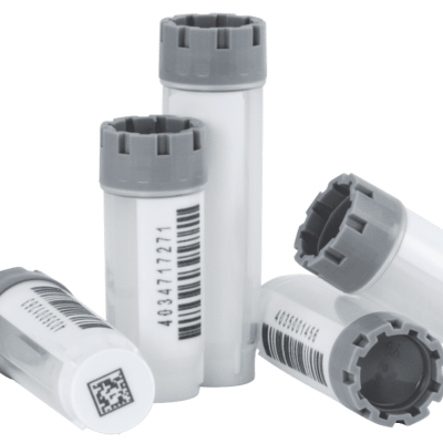 Several 2.00ml and 3.00ml externally threaded hybrid tubes with human readable codes and 1D side barcodes precapped with grey screw caps