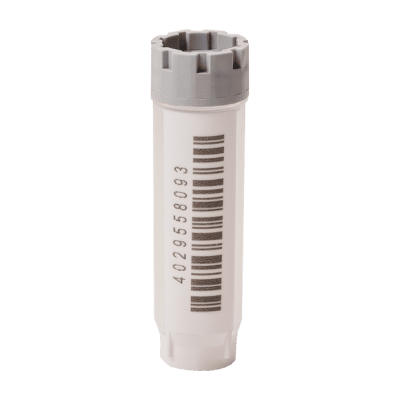 A single 48-well 3.00ml externally threaded hybrid tube with a human readable code and 1D side barcode precapped with a grey screw cap