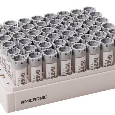 A rack of 48-well format 3.00ml externally threaded hybrid tubes with a human readable code and 1D side barcode precapped with grey screw caps