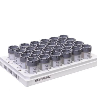A rack of 24-well 3.00ml externally threaded hybrid tubes with grey screw caps and human readable codes