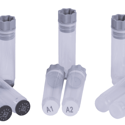 Three 4.00ml internal thread tubes with 2D Data-Matrix codes, three 4.00ml internally threaded tubes with alphanumeric coding, and three 4.00ml internally threaded non-coded tubes, all precapped with grey screw caps