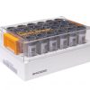 A Micronic 24-4 rack with lid of 6.00ml externally threaded hybrid tubes with 1D side barcodes and human readable codes