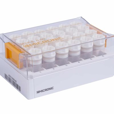 A Micronic 24-4 rack with lid of 6.00ml internal thread tubes precapped with white screw caps