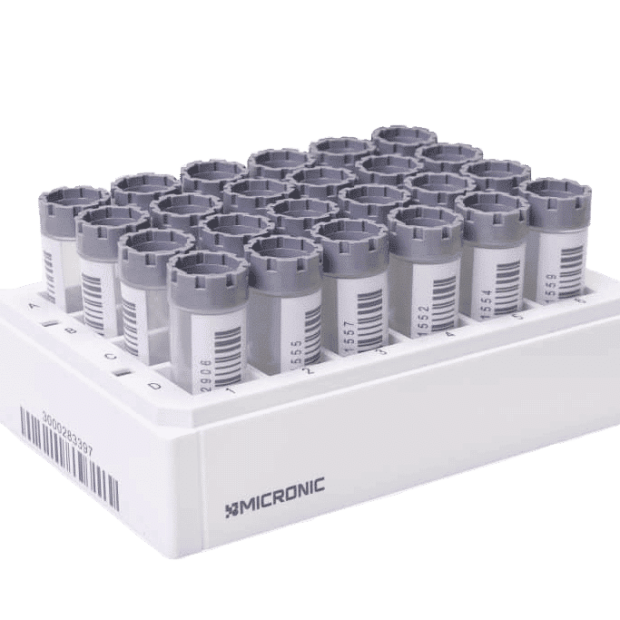 An uncovered rack of 6.00ml externally threaded hybrid tubes with grey screw caps and 1D side barcodes and human readable codes