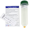 A 50cc urine collection and preservation tube with product specifications and a label