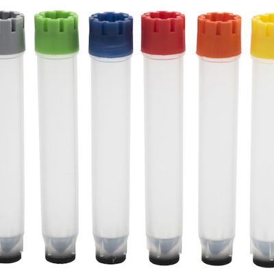 Micronic's range of externally threaded screw caps: grey, light green, blue, red, orange, and yellow respectively