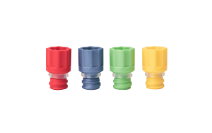 The range of Micronic's screw cap ultra: red, blue, light green, and yellow in color
