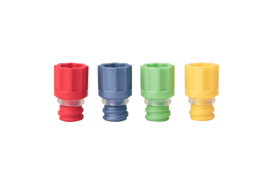 The range of Micronic's screw cap ultra: red, blue, light green, and yellow in color