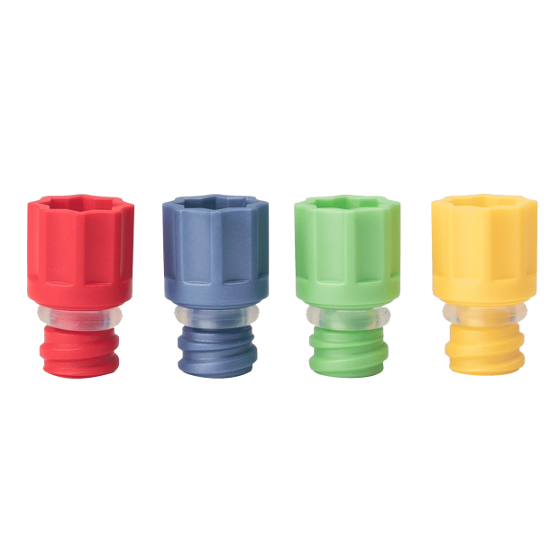 The range of Micronic's screw cap ultra: red, blue, light green, and yellow in color
