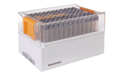 A Micronic 96-5 rack with lid of 2.00ml externally threaded tubes with grey screw caps