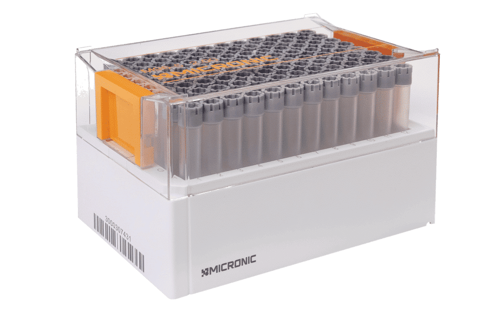 A Micronic 96-5 rack with lid of 2.00ml externally threaded tubes with grey screw caps