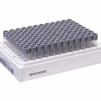 Uncovered Micronic 96-3 rack of 0.80ml externally threaded tubes with grey screw caps