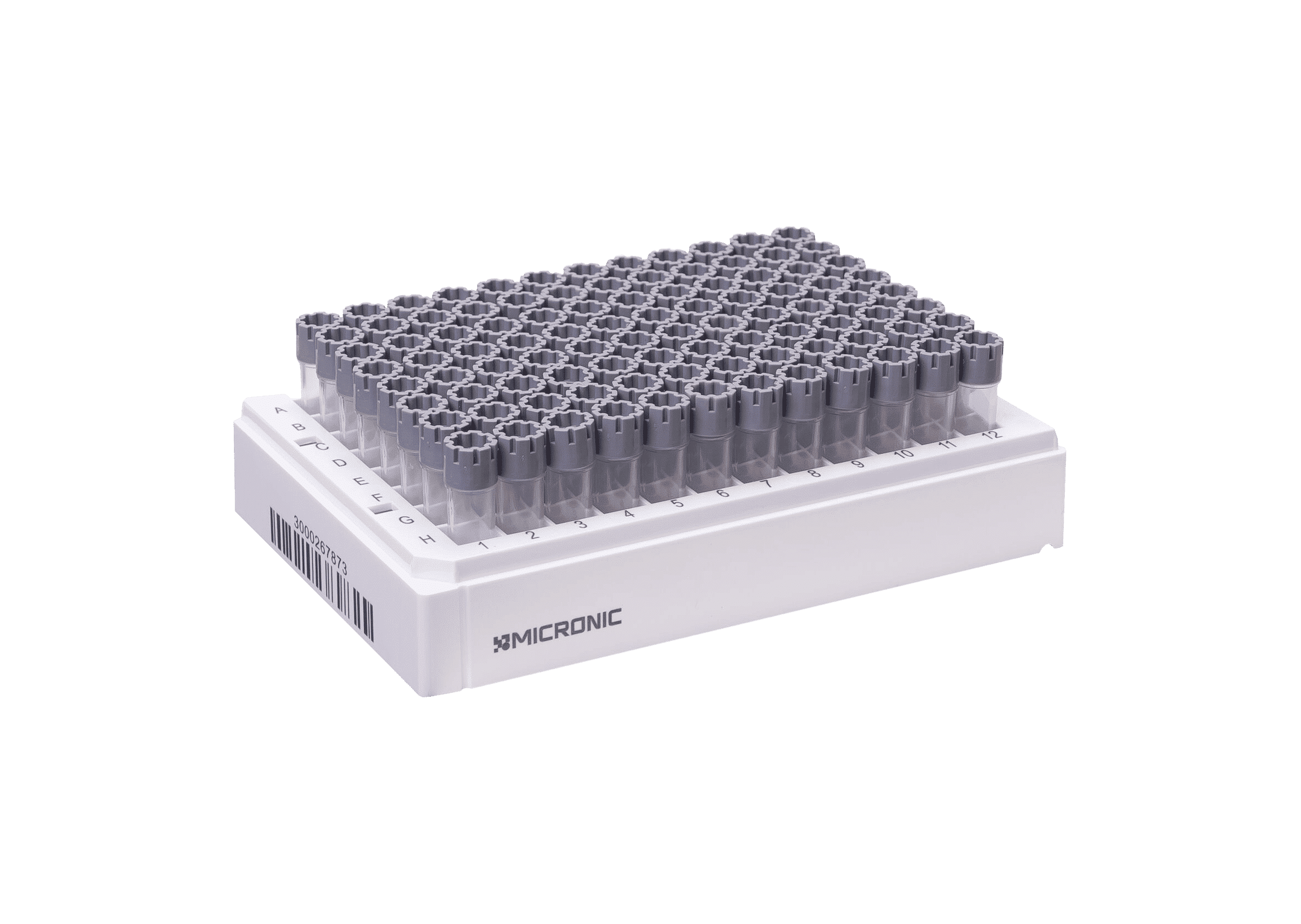 Uncovered Micronic 96-3 rack of 0.80ml external thread tubes with grey screw caps
