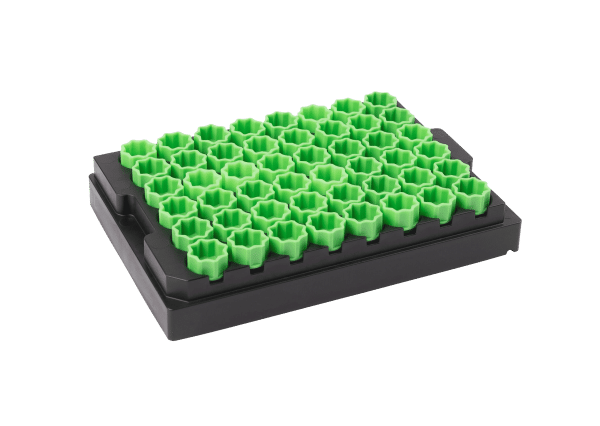 48-well format disposable screw cap carrier with light green screw caps