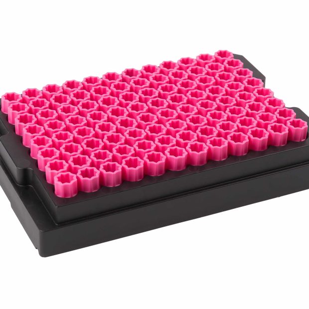 96-well format disposable screw cap carrier with pink screw caps