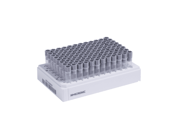 Micronic 96-3 ULT rack with internal thread tubes precapped with grey screw caps