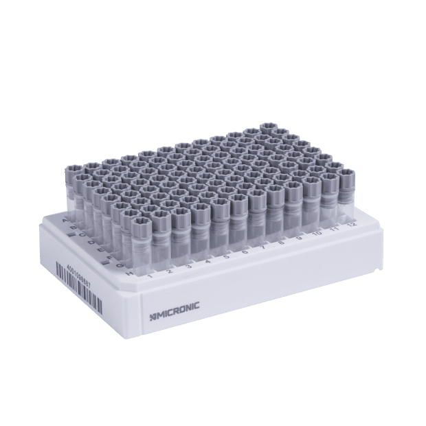 Micronic 96-3 ULT rack with internal thread tubes precapped with grey screw caps