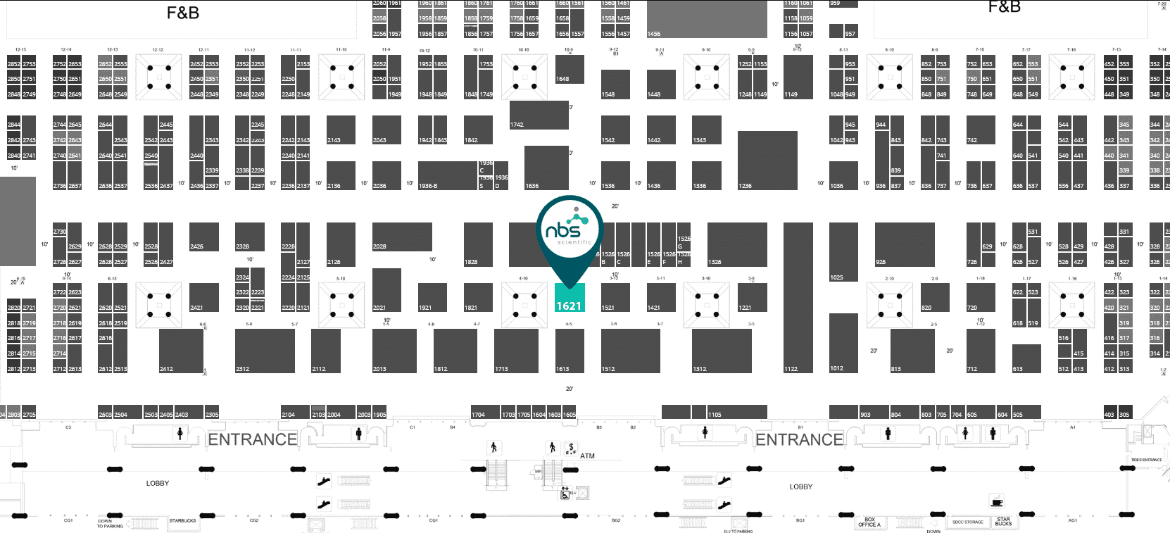 SLAS 2027 exhibition floor plan showing NBS Scientific booth 1621 location