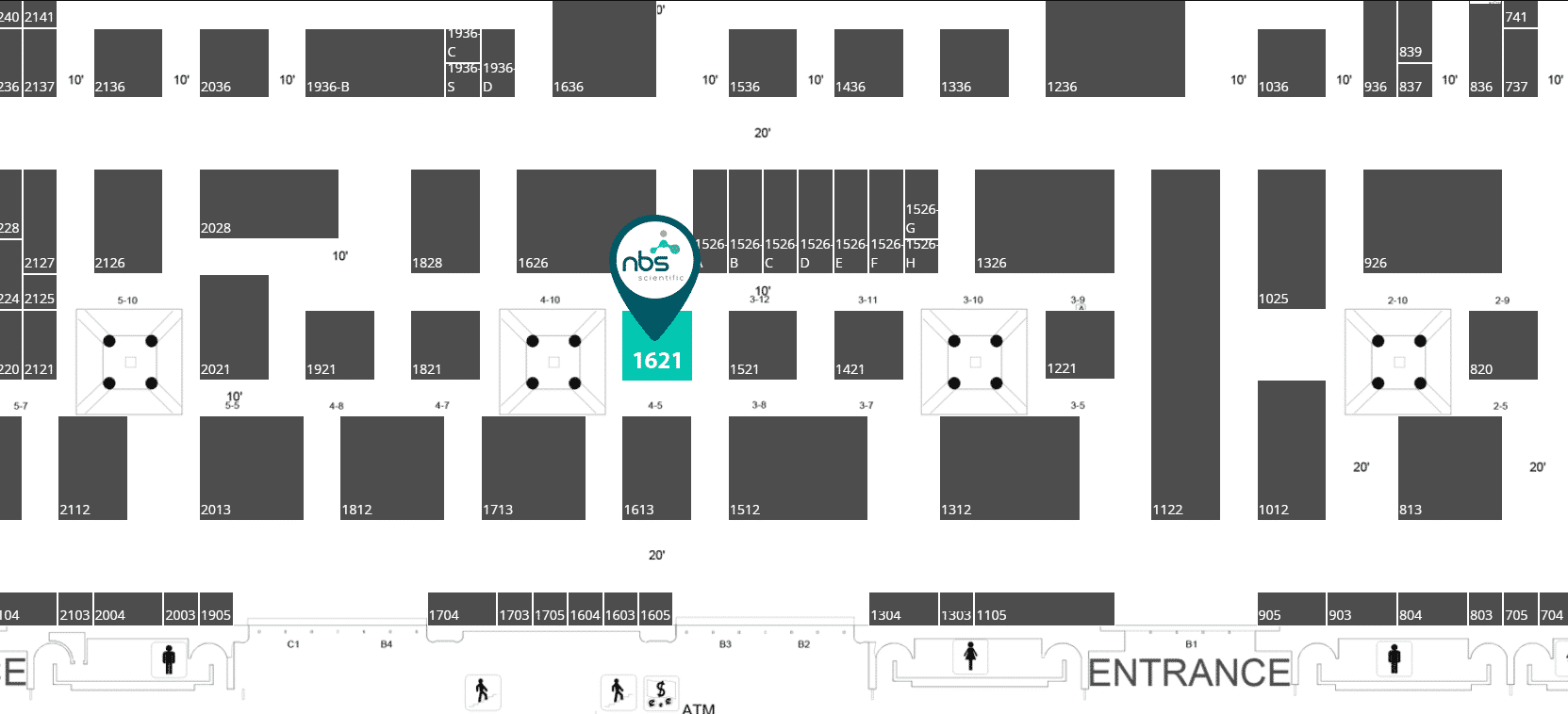 Detailed SLAS 2027 booth map showing NBS Scientific booth 1621