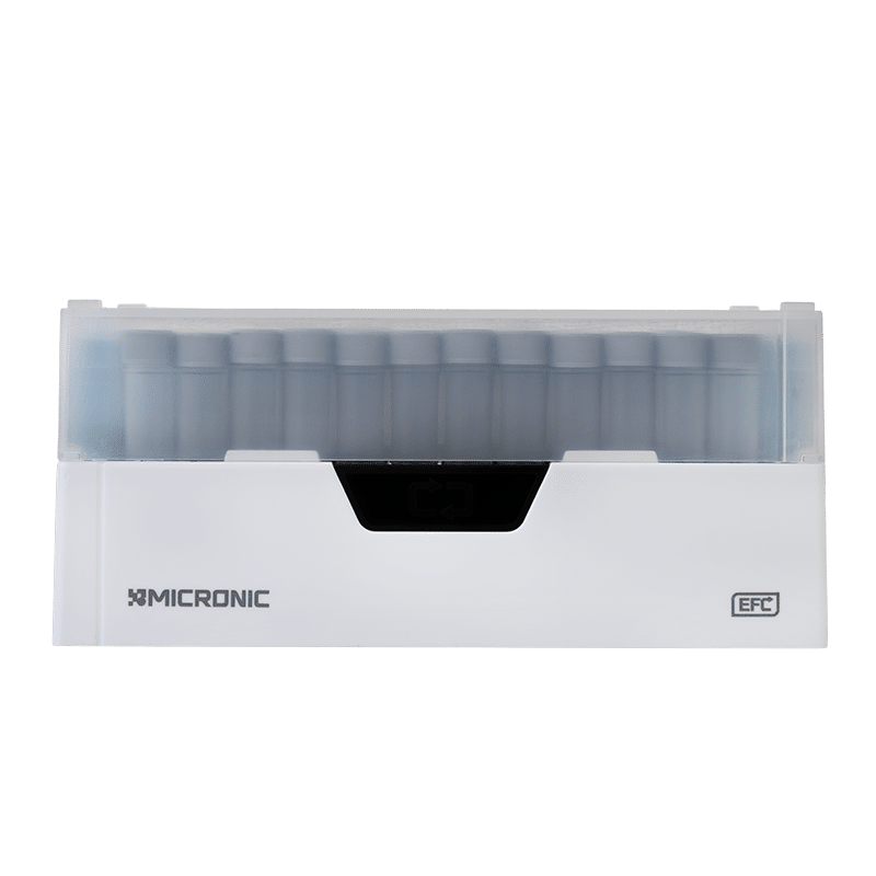 Side view of Micronic sample storage rack with cover